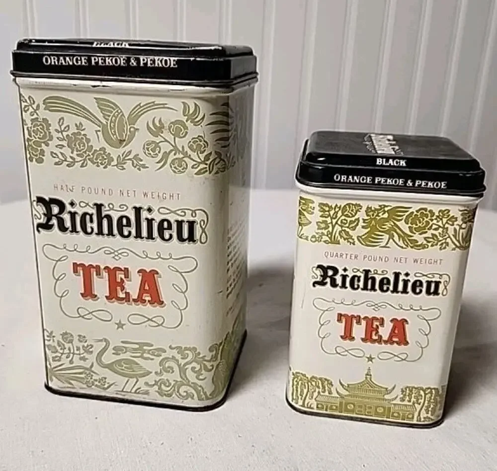 Two Antique Richelieu Tea Tin Can Canister Sprague Warner Chicago Orange Pekoe